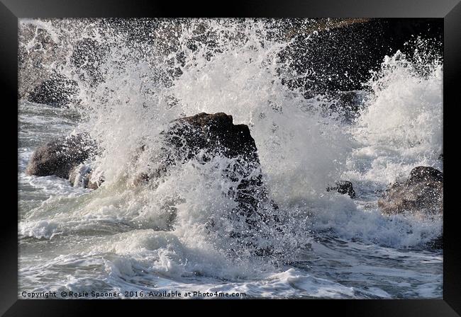 Rough Sea breaking over rocks Framed Print by Rosie Spooner