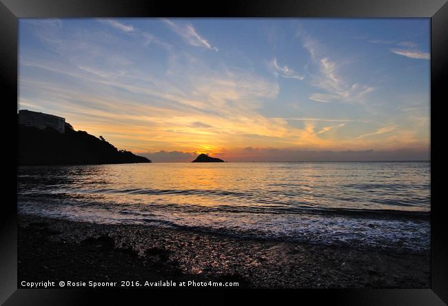 Sunset at Thatcher Rock on Meadfoot Beach Torquay Framed Print by Rosie Spooner