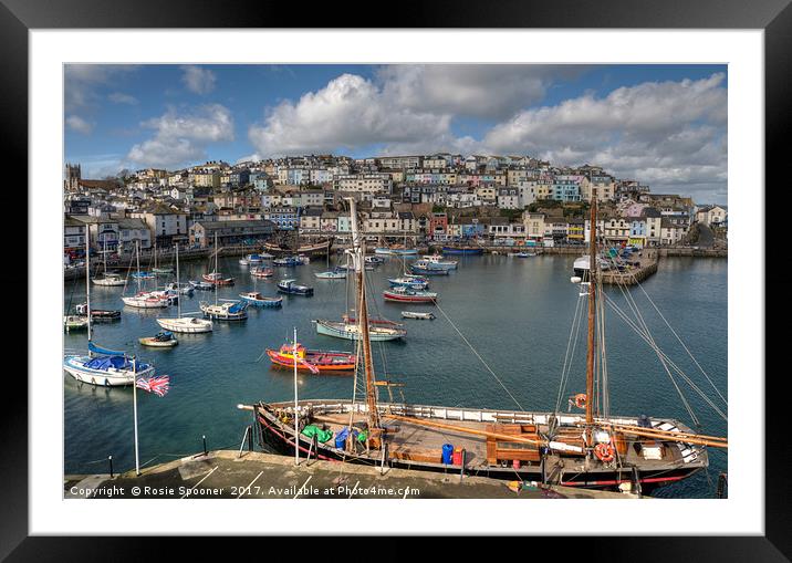 Brixham Harbour View and sailing trawler Framed Mounted Print by Rosie Spooner