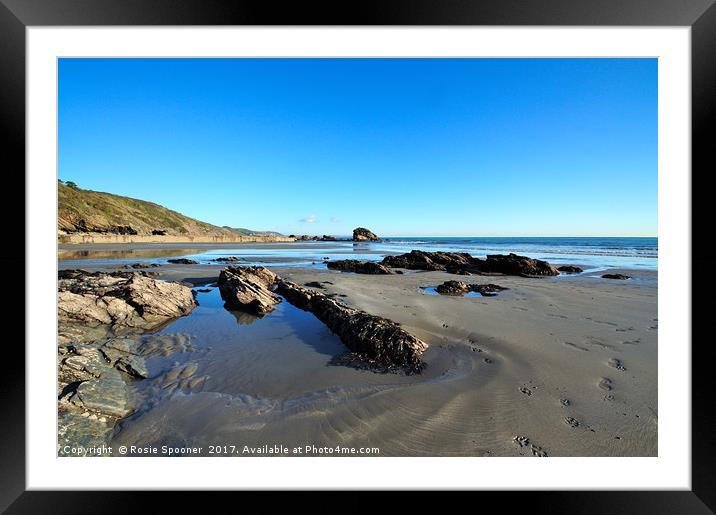 Millendreath Beach and Black Rock at low tide Framed Mounted Print by Rosie Spooner