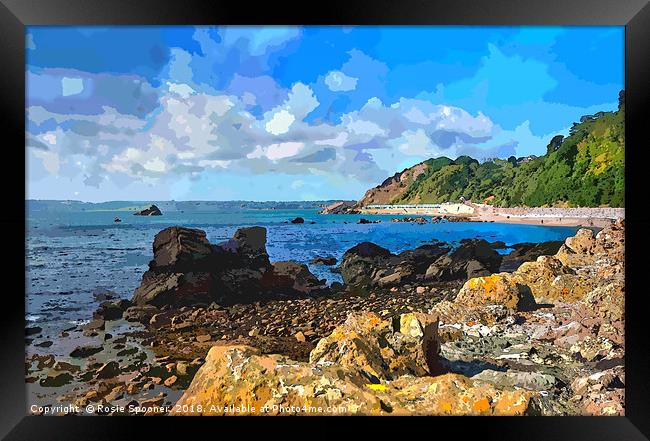 Rocky view of Meadfoot Beach Torquay  Framed Print by Rosie Spooner