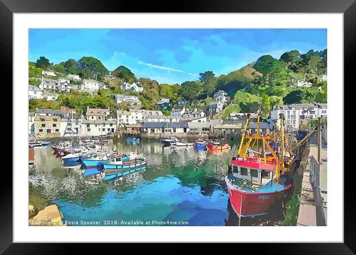 Colourful boats and houses at Polperro Harbour  Framed Mounted Print by Rosie Spooner
