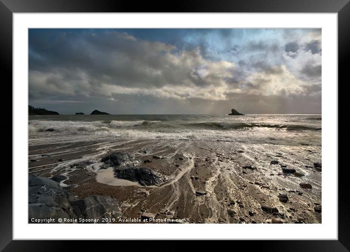 Meadfoot Beach view of Shag Rock and Thatcher Rock Framed Mounted Print by Rosie Spooner