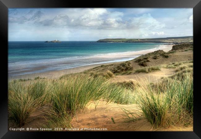 Hayle Sand Dunes and Godrevy Lighthouse Cornwall Framed Print by Rosie Spooner