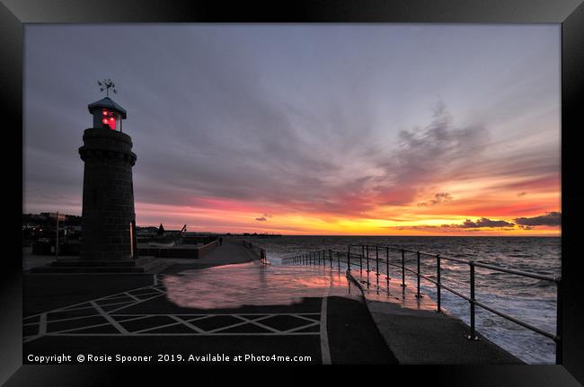 Teignmouth Lighthouse at Sunrise and High Tide Framed Print by Rosie Spooner