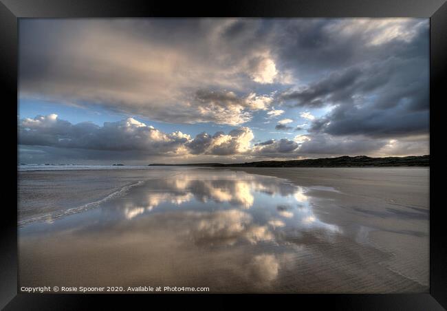 Cloud reflections early morning on Hayle Sands in Cornwall Framed Print by Rosie Spooner