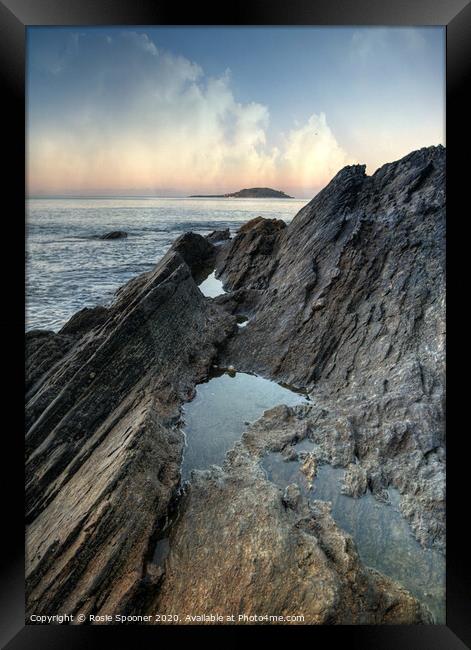 Rock Pools view of Looe island Framed Print by Rosie Spooner