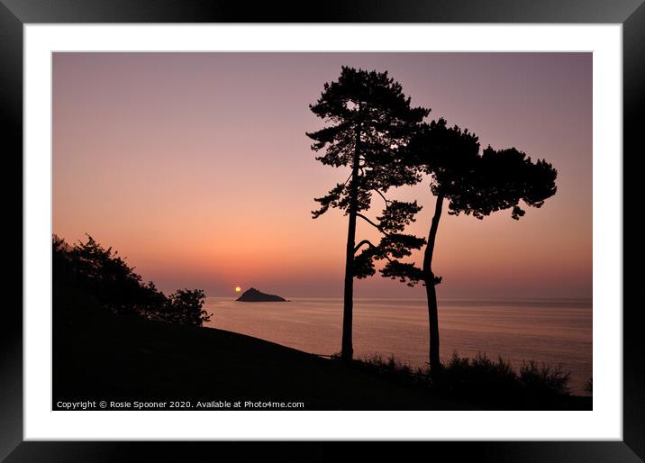 Silhouetted trees at Sunrise at Meadfoot Beach in  Framed Mounted Print by Rosie Spooner
