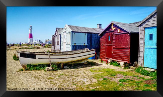 Portland Lighthouse And Beach Huts  Framed Print by Peter F Hunt
