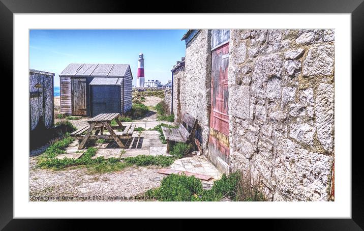Portland Bill Fishermen's Huts And Lighthouse Framed Mounted Print by Peter F Hunt