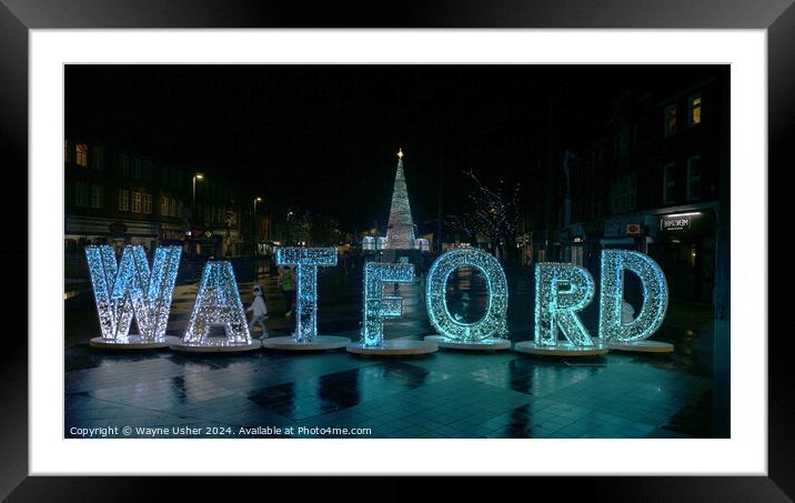 Watford Town Sign Lights at Christmas Framed Mounted Print by Wayne Usher