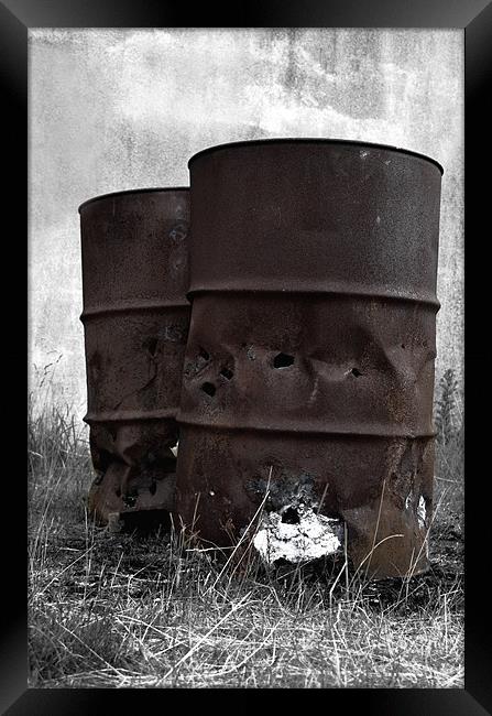 Rusty oil drums in the dark Framed Print by Gemma Shipley