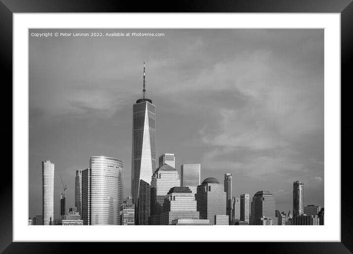 Manhattan Skyline in mono Framed Mounted Print by Peter Lennon