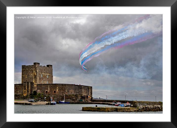 RAF Red Arrows flypast at Carrickfergus Castle Framed Mounted Print by Peter Lennon