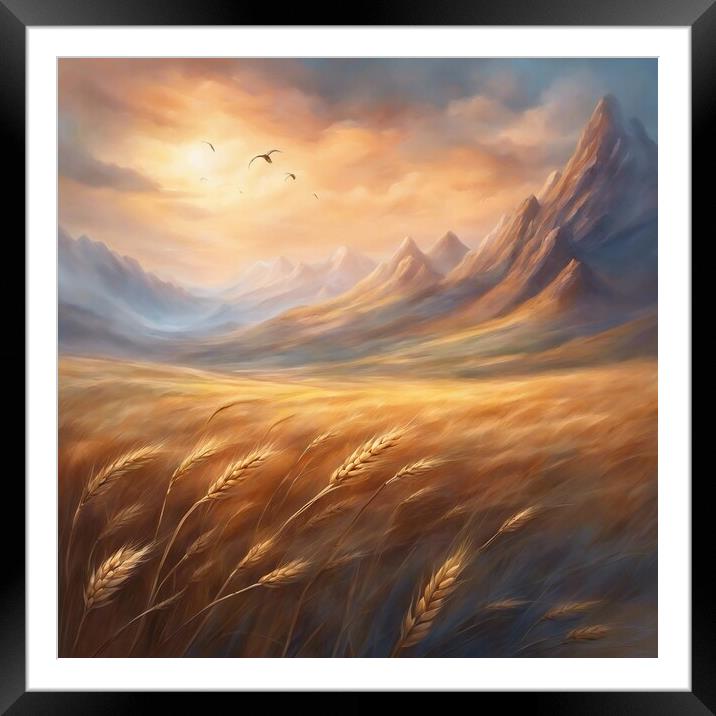 Wheat Fields And Mountains Framed Mounted Print by Anne Macdonald