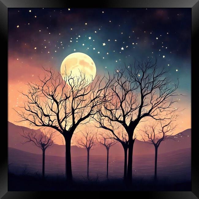 Bare Trees Reaching For The Moon Framed Print by Anne Macdonald