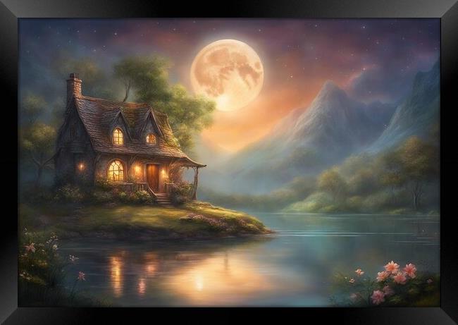 Cottage And Moon Reflecting In A Lake Framed Print by Anne Macdonald