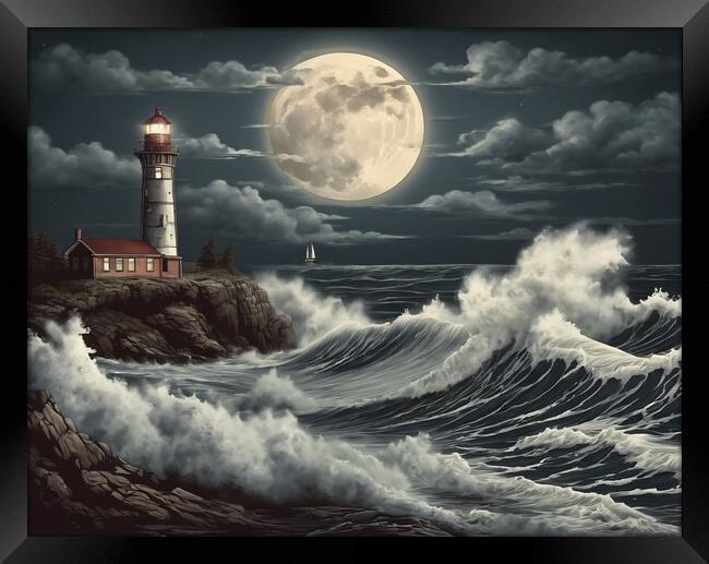 Huge Waves Around The Lighthouse Framed Print by Anne Macdonald