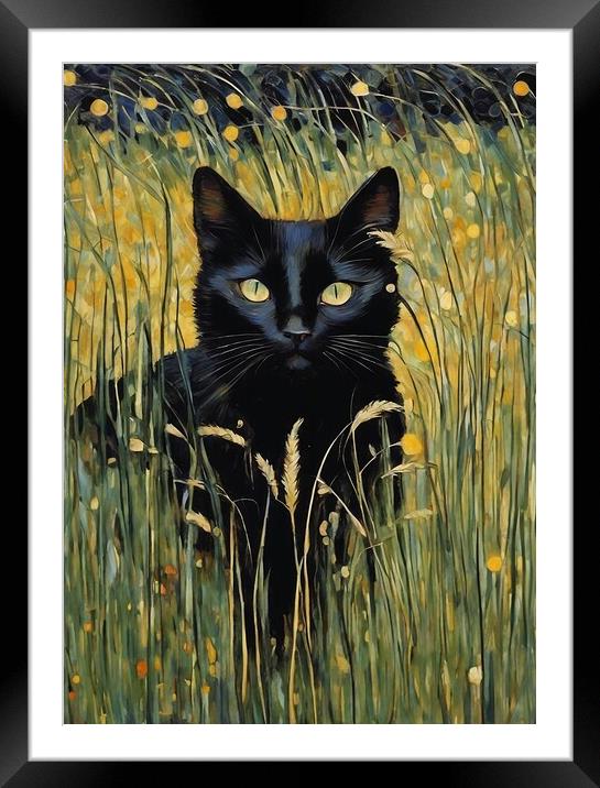 Black Cat Among Grass Framed Mounted Print by Anne Macdonald