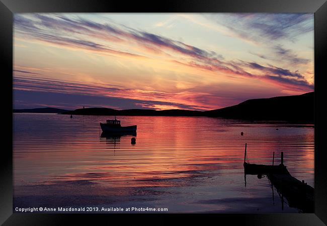 Boat In Sunset At Trondra, Shetland. Framed Print by Anne Macdonald