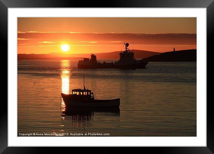 Boats In Sunset At Trondra Framed Mounted Print by Anne Macdonald