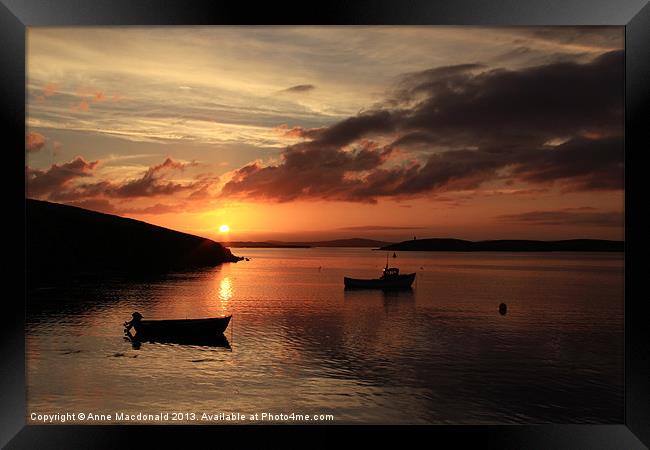 Sunset And Boats At Trondra Framed Print by Anne Macdonald