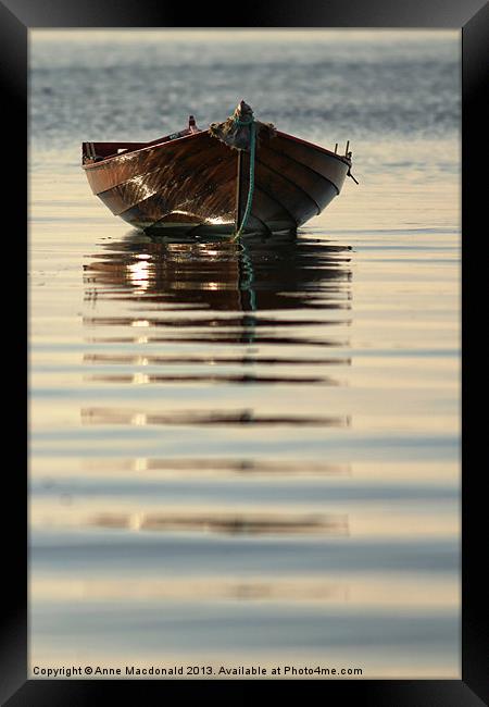 Small Boat Reflecting At Moorings Framed Print by Anne Macdonald