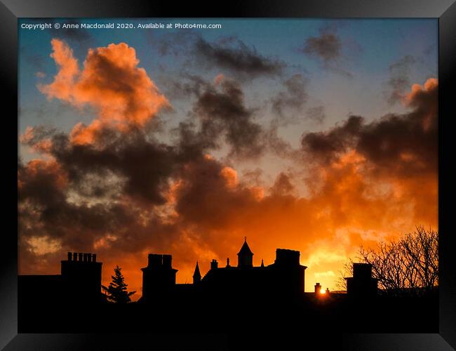 Fiery Sunset Over The Rooftops Of Lerwick, Shetlan Framed Print by Anne Macdonald