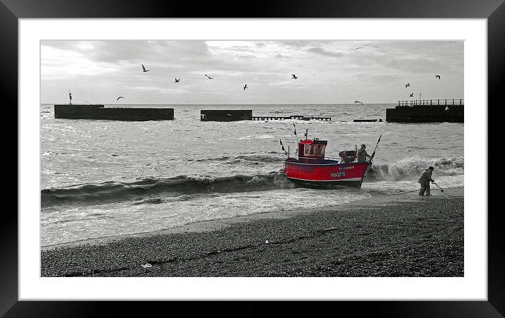 Red Fishing Boat Framed Mounted Print by Georgie Lilly