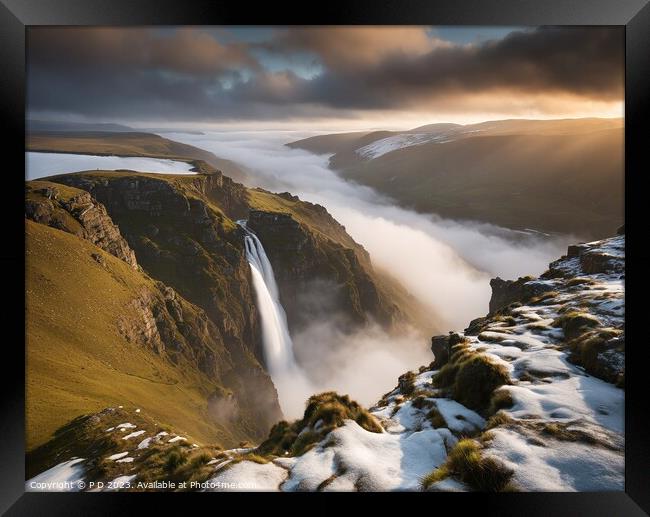 Snowy Cascade: Mountain's Flowing Beauty Framed Print by P D