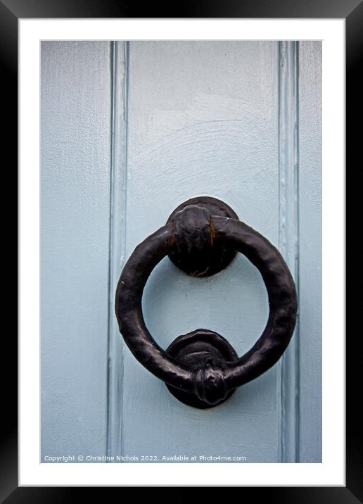 Black Door Knocker on Blue Wooden Door Framed Mounted Print by Christine Kerioak