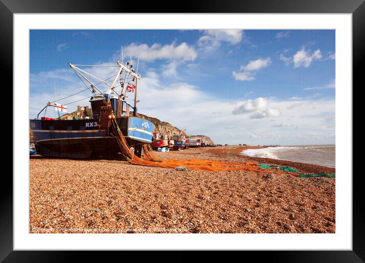 Fishing Trawler with Orange Nets Framed Mounted Print by Christine Kerioak