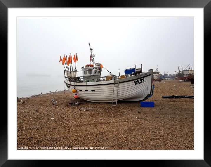 White Boat on Misty Beach, Old Town, Hastings Framed Mounted Print by Christine Kerioak