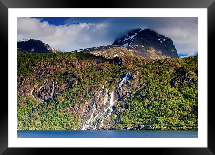 Nordfjord Waterfalls and Mountains, Norway Framed Mounted Print by Martyn Arnold