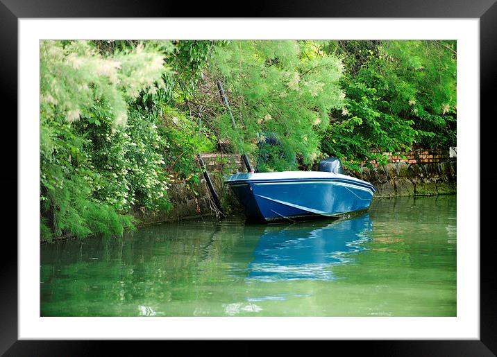 Motorboat on Canal Framed Mounted Print by Jean Gill
