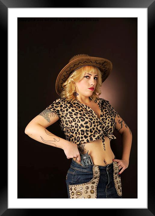 Cowgirl pin-up with gun Framed Mounted Print by Jean Gill