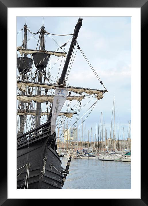 Replica Tall Ship Barcelona Framed Mounted Print by Jean Gill