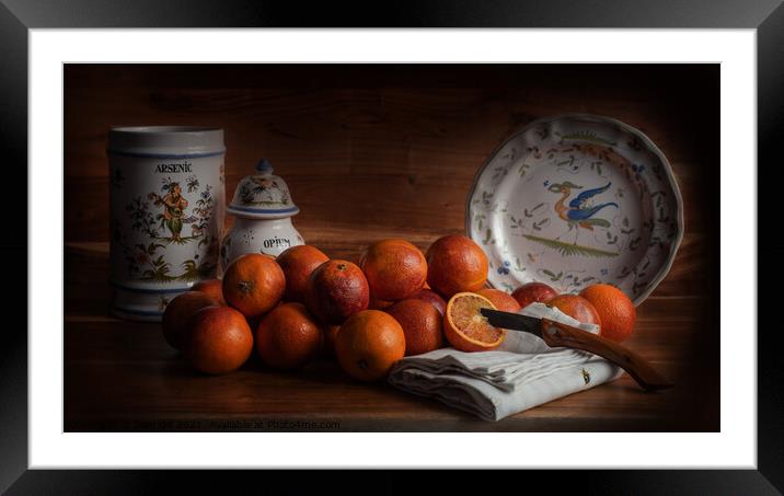 Old Maestra Blood Oranges and French Faience Pottery Framed Mounted Print by Jean Gill