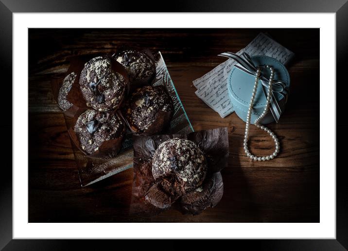 Old Maestra Chocolate Muffins and Pearls Framed Mounted Print by Jean Gill