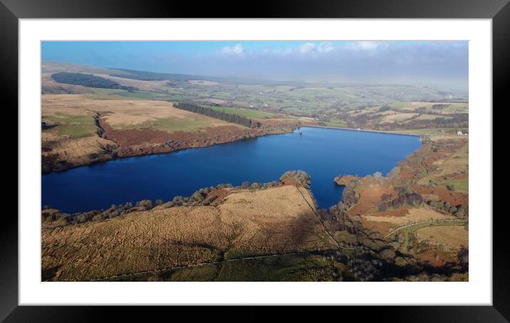 Drone view of the Cray Reservoir in the Brecon Beacons Framed Mounted Print by Leighton Collins