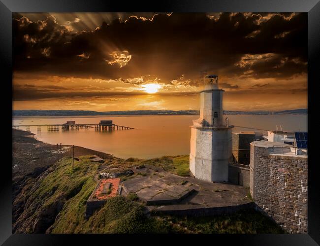 Sunset over Mumbles Lighthouse Framed Print by Leighton Collins