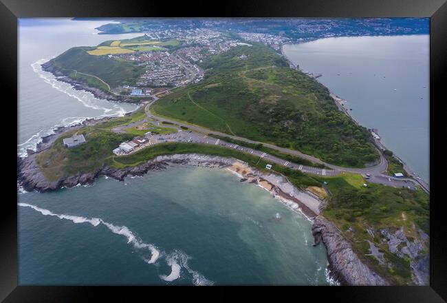 Drone view of Bracelet Bay and Mumbles Hill Framed Print by Leighton Collins