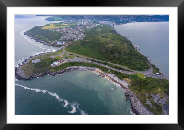 Drone view of Bracelet Bay and Mumbles Hill Framed Mounted Print by Leighton Collins