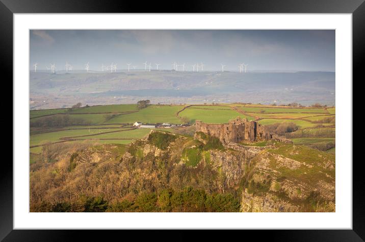 Wind turbines above Carreg Cennen castle Framed Mounted Print by Leighton Collins