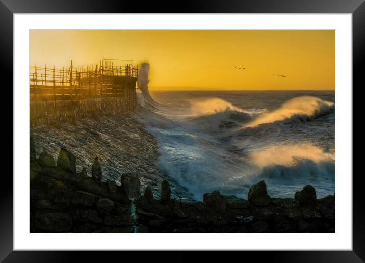 Storm Eunice at Porthcawl lighthouse Framed Mounted Print by Leighton Collins