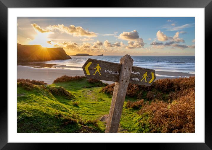 Beach sign post at Rhossili Framed Mounted Print by Leighton Collins