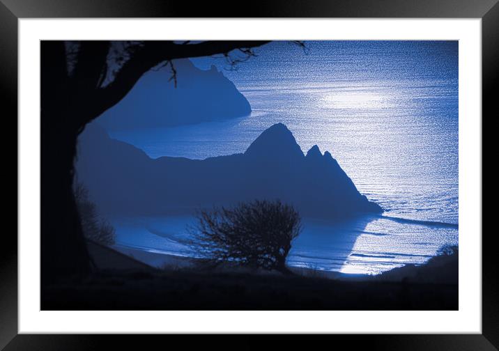 Blue hour at Three Cliffs Bay Framed Mounted Print by Leighton Collins