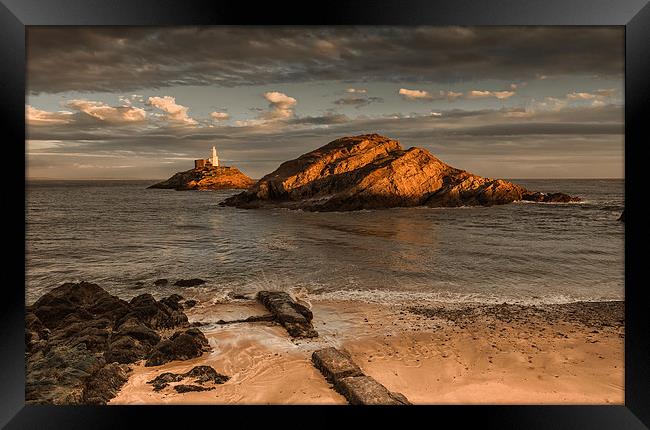  Sunset on Mumbles lighthouse Swansea Framed Print by Leighton Collins
