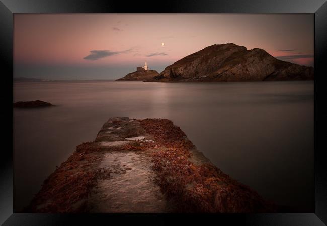 Mumbles lighthouse at night Framed Print by Leighton Collins