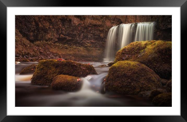 Moss covered rocks at Sgwd yr Eira waterfall Framed Mounted Print by Leighton Collins